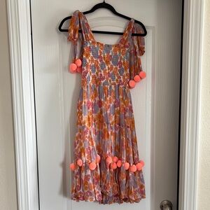 Sundress Floral Dress with Pom Pom Accents